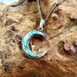 Power Moon Abalone Shell Pendant 18” White Gold Necklace