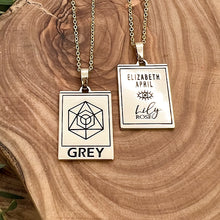 Load image into Gallery viewer, Elizabeth April EA Grey Zeta 2 Sided Channeled & Attuned Evil Eye Protection Cosmic Species Sacred Geometry Card Tag Pendant 18” Gold Necklace