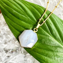 Load image into Gallery viewer, Black Lace Agate White Druzy Quartz Long Hexagon Gemstone Pendant 18" Gold Necklace