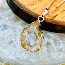 Load image into Gallery viewer, Inner Peace Druzy Quartz Black Lace Agate Geode Slice Pendant 18" + 2" White Gold Necklace
