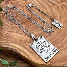 Load image into Gallery viewer, Elizabeth April EA Anunnaki 2 Sided Channeled & Attuned Evil Eye Protection Cosmic Species Sacred Geometry Card Tag Pendant 18” White Gold Necklace