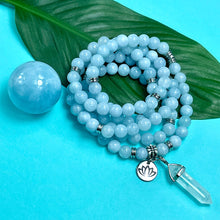 Load image into Gallery viewer, Aquamarine Conscious Awareness Relaxation 108 Mala Necklace Bracelet