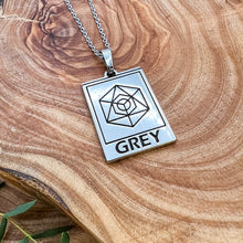 Load image into Gallery viewer, Elizabeth April EA Grey Zeta 2 Sided Channeled & Attuned Evil Eye Protection Cosmic Species Sacred Geometry Card Tag Pendant 18” White Gold Necklace