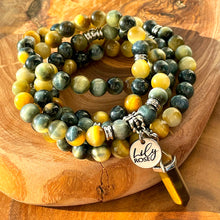 Load image into Gallery viewer, Limited Edition Honey Blue Tigers Eye Velvet Transitioning 108 Mala Necklace Bracelet