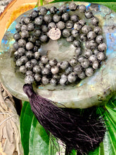 Load image into Gallery viewer, Labradorite Larvakite Power Protector Shaman Stone 108 Hand Knotted Mala Necklace Bracelet