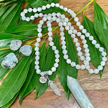 Load image into Gallery viewer, Limited Edition Rainbow Moonstone Miracles & Universal Energy 108 Hand Knotted Mala with Point Charm Pendant Necklace