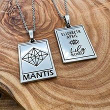 Load image into Gallery viewer, Elizabeth April EA Mantis 2 Sided Channeled & Attuned Evil Eye Protection Cosmic Species Sacred Geometry Card Tag Pendant 18” White Gold Necklace