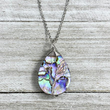 Load image into Gallery viewer, Tree of Life Teardrop Abalone Shell Wire Wrapped Pendant 18” White Gold Necklace