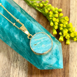 Peruvian Amazonite Freedom & Clarity Thick Circle Pendant 18" Gold Necklace