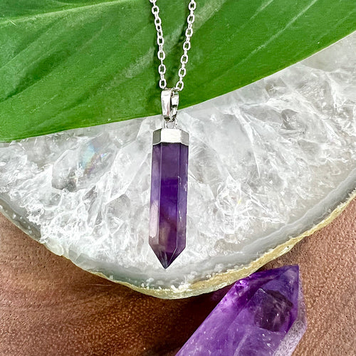 Amethyst Spiritual Intuition Full Tower Point Pendant 18” White Gold Necklace