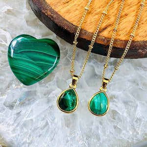Malachite Power & Transformation Faceted Teardrop Pendant 18” Gold Necklace