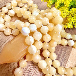 Honey Calcite Sunny Energy & Self-Confidence 108 Hand Knotted Mala with Point Charm Pendant Necklace