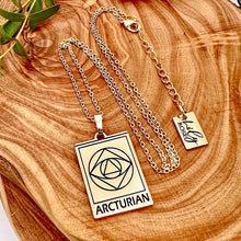 Load image into Gallery viewer, Elizabeth April EA Arcturian 2 Sided Channeled & Attuned Evil Eye Protection Cosmic Species Sacred Geometry Card Tag Pendant 18â Gold Necklace