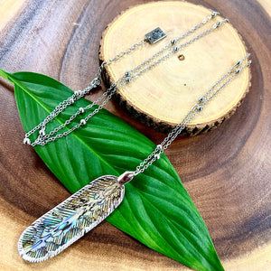 Natural Luxury Abalone Carved Feather XL Pendant 30” White Gold Necklace