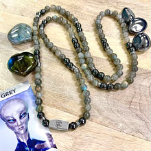 Load image into Gallery viewer, 8mm Elizabeth April Channeled UPDATED - NEW EARTH Grey Zeta Sacred Geometry Limited Edition Cosmic Species Stretch Mala Bracelet Necklace