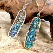 Load image into Gallery viewer, Natural Luxury Abalone Carved Feather XL Pendant 30” White Gold Necklace