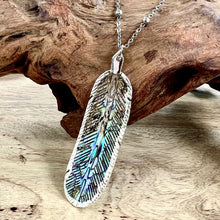 Load image into Gallery viewer, Natural Luxury Abalone Carved Feather XL Pendant 30” White Gold Necklace
