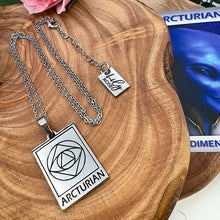 Load image into Gallery viewer, Elizabeth April EA Arcturian 2 Sided Channeled & Attuned Evil Eye Protection Cosmic Species Sacred Geometry Card Tag Pendant 18” White Gold Necklace