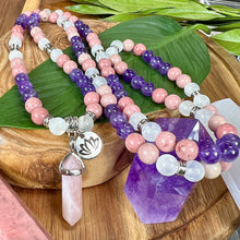 Load image into Gallery viewer, Unconditional Self Love Rhodonite Amethyst Satin Spar Selenite Rose Quartz 108 Mala Necklace Bracelet
