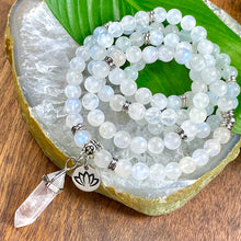 Load image into Gallery viewer, Last 3 in stock! NEW Grade AAA+ Holographic Rainbow Moonstone Miracles & Universal Energy 108 Stretch Mala Necklace Bracelet