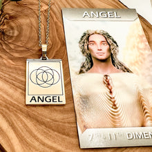 Load image into Gallery viewer, Elizabeth April EA Angel 2 Sided Channeled & Attuned Evil Eye Protection Cosmic Species Sacred Geometry Card Tag Pendant 18” Gold Necklace