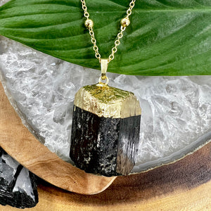 Raw Black Tourmaline Grounding Gemstone Pendant 30" Gold Necklace