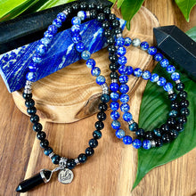 Load image into Gallery viewer, Maddox&#39;s Power of the Hawk Psychic Attack Protection &amp; Inner Child Magic Hawk Eye Lapis Lazuli Shungite 108 Stretch Mala Necklace Bracelet