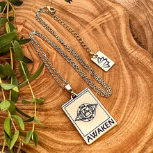 Load image into Gallery viewer, Elizabeth April EA Awaken 2 Sided Channeled & Attuned Evil Eye Protection Cosmic Species Sacred Geometry Card Tag Pendant 18” Gold Necklace