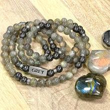 Load image into Gallery viewer, 8mm Elizabeth April Channeled UPDATED - NEW EARTH Grey Zeta Sacred Geometry Limited Edition Cosmic Species Stretch Mala Bracelet Necklace