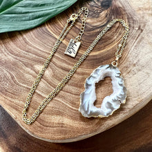 Load image into Gallery viewer, Inner Peace Druzy Quartz Black Lace Agate Geode Slice Pendant 18" Gold Necklace
