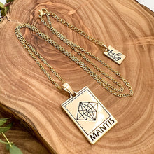 Load image into Gallery viewer, Elizabeth April EA Mantis 2 Sided Channeled & Attuned Evil Eye Protection Cosmic Species Sacred Geometry Card Tag Pendant 18” Gold Necklace