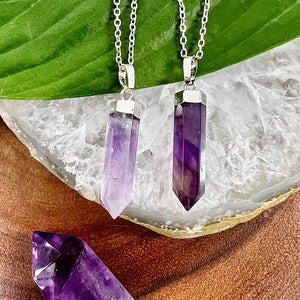 Amethyst Spiritual Intuition Full Tower Point Pendant 18” White Gold Necklace