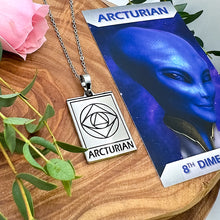 Load image into Gallery viewer, Elizabeth April EA Arcturian 2 Sided Channeled & Attuned Evil Eye Protection Cosmic Species Sacred Geometry Card Tag Pendant 18” White Gold Necklace