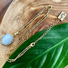 Load image into Gallery viewer, Black Lace Agate White Druzy Quartz Long Hexagon Gemstone Pendant 18" Gold Necklace