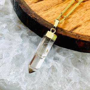 Light Clear Smoky Quartz Purification & Invisibility Cloak Full Tower Point Pendant 18" Gold Necklace