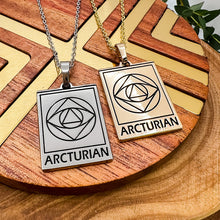 Load image into Gallery viewer, Elizabeth April EA Arcturian 2 Sided Channeled & Attuned Evil Eye Protection Cosmic Species Sacred Geometry Card Tag Pendant 18â Gold Necklace