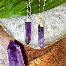 Load image into Gallery viewer, Amethyst Spiritual Intuition Full Tower Point Pendant 18” Gold Necklace