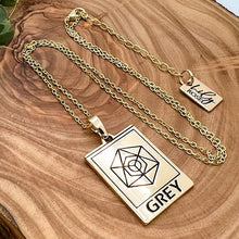 Load image into Gallery viewer, Elizabeth April EA Grey Zeta 2 Sided Channeled &amp; Attuned Evil Eye Protection Cosmic Species Sacred Geometry Card Tag Pendant 18” Gold Necklace