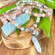 Load image into Gallery viewer, Rainbow Moonstone, Peach Moonstone, Black Moonstone & Sunstone Quad Power TOTAL Bliss 108 Stretch Mala Necklace Bracelet