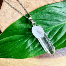 Load image into Gallery viewer, Last 1! Clear Quartz with Lace Agate Druzy XL Crystal Pendant 18” White Gold Necklace