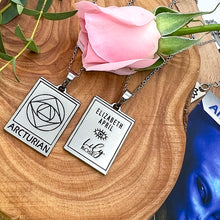 Load image into Gallery viewer, Elizabeth April EA Arcturian 2 Sided Channeled &amp; Attuned Evil Eye Protection Cosmic Species Sacred Geometry Card Tag Pendant 18” White Gold Necklace