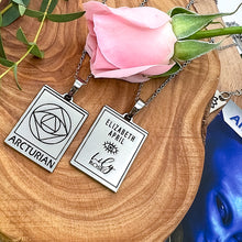 Load image into Gallery viewer, Elizabeth April EA Arcturian 2 Sided Channeled & Attuned Evil Eye Protection Cosmic Species Sacred Geometry Card Tag Pendant 18” White Gold Necklace