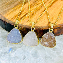 Load image into Gallery viewer, Druzy Quartz Sparkling Mini Geode Triangle Crystal Pendant 18" Gold Necklace