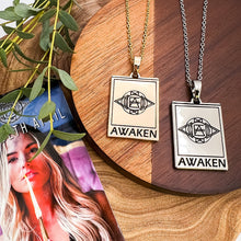 Load image into Gallery viewer, Elizabeth April EA Awaken 2 Sided Channeled & Attuned Evil Eye Protection Cosmic Species Sacred Geometry Card Tag Pendant 18” Gold Necklace