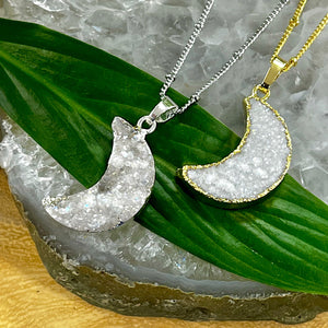Power Moon Dreamy Druzy Gemstone Pendant 18" White Gold Necklace