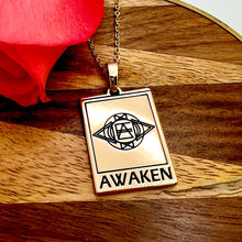 Load image into Gallery viewer, Elizabeth April EA Awaken 2 Sided Channeled & Attuned Evil Eye Protection Cosmic Species Sacred Geometry Card Tag Pendant 18” Gold Necklace