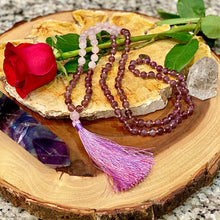 Load image into Gallery viewer, Amethyst & Rose Quartz Love 108 Hand Knotted Mala with Tassel Necklace