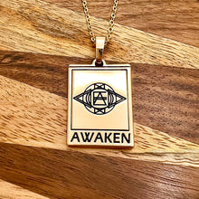 Load image into Gallery viewer, Elizabeth April EA Awaken 2 Sided Channeled & Attuned Evil Eye Protection Cosmic Species Sacred Geometry Card Tag Pendant 18” Gold Necklace