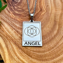 Load image into Gallery viewer, Just Restocked! Elizabeth April EA Angel 2 Sided Channeled & Attuned Evil Eye Protection Cosmic Species Sacred Geometry Card Tag Pendant 18” White Gold Necklace