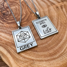 Load image into Gallery viewer, Elizabeth April EA Grey Zeta 2 Sided Channeled &amp; Attuned Evil Eye Protection Cosmic Species Sacred Geometry Card Tag Pendant 18” White Gold Necklace
